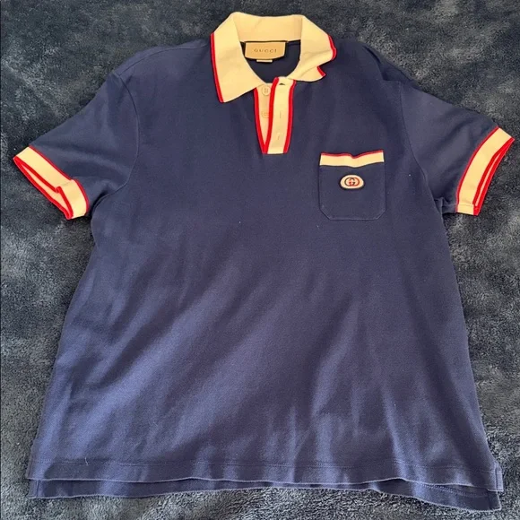 Men’s Gucci Navy Blue Polo Shirt with Red and WhiteDetails